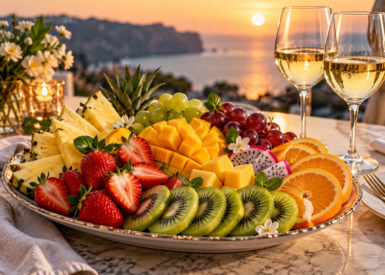Fresh fruit platter with two glasses of wine for a romantic proposal celebration in Pattaya.