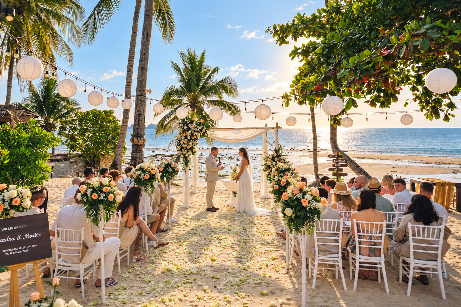 Elegant beachfront wedding ceremony in Koh Samui, Thailand, with guests seated along a flower-lined aisle, white wedding arch, tropical palm trees and hanging lanterns overlooking the sea.